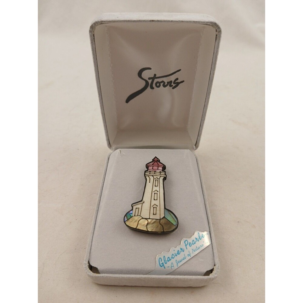 Vintage Storrs Glacier Pearle Abalone Shell Lighthouse Brooch/Pin Original Box!